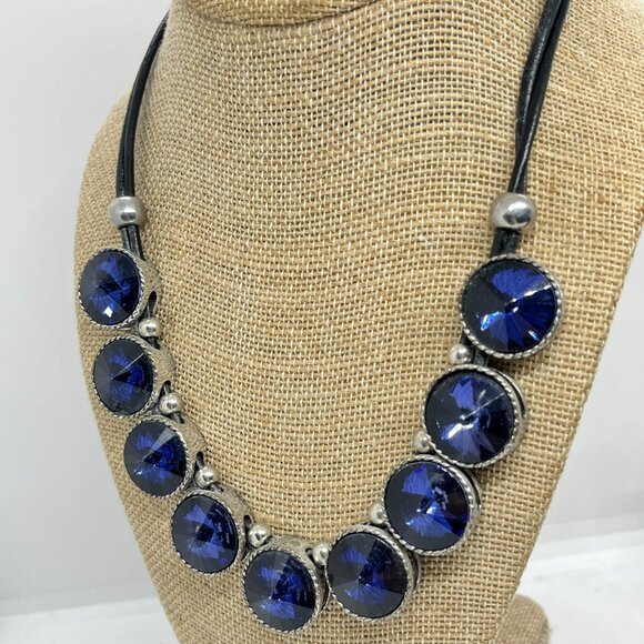 BOLD BLUE RIVOLI RHINESTONE STATEMENT NECKLACE BLACK CORD SILVER TONE BIB COLLAR - Picture 5 of 16